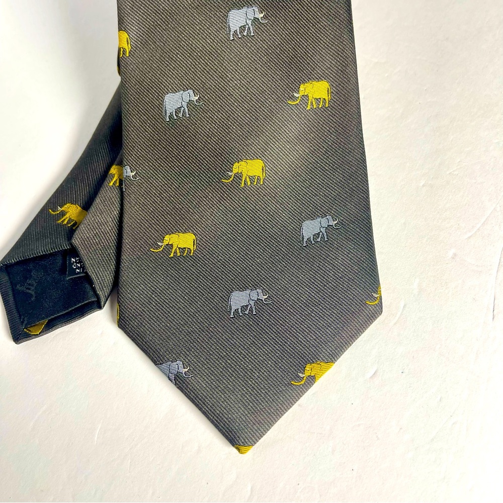 Gray Jim Thompson 100% Silk Tie with Gold and Silver Novelty Elephant Embroidery